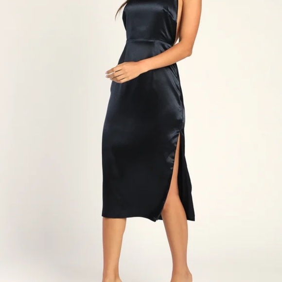 Lulu’s Adoring Attitude Navy Blue Satin Column Midi Dress - Picture 3 of 9